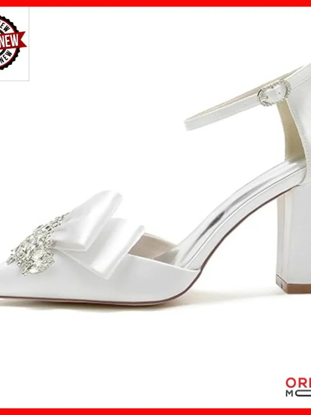 Satin Rhinestone Pumps with Bow 3.3 Inch Block Heel Wedding Party Shoes